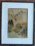 Arte oriental  - Pintura sobre seda - Paisagem feudal do interior com assinatura e selo vermelho no CID. Apresenta manchas do tempo. Med. 28cm x 20 cm sem moldura e 42cm x 33cm com moldura - com proteção de vidro.