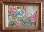 QUADRO - Pintura Asiática em seda emoldurada de pássaros e flores da década de 70., apresentando  selo vermelho -  Medidas: 30 x 40,5 cm.