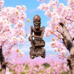 Escultura de figura masculina entalhada em madeira de bloco único de roseira estilo asiático, homem sentado com expressão marcante e base ornamentada, pequena fissura natural na base. Alt 26 cm