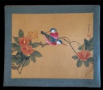 Pintura Oriental Pássaros com florais sobre seda - assinado com selo vermelho - medidas 35,5cm x 30cm
