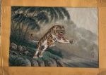 Desenho Oriental - Tigre - Técnica mista sobre seda - assinado pelo arista no CID - com selo vermelho - Medidas 56cm x 42cm