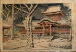 ARTE ORIENTAL - Antiga Xilogravura  Japonesa " -  intitulada "Snow in Iwashimizu-Hachiman Shrine, Kyoto" (Neve no Santuário Iwashimizu-Hachiman, Quioto), do artista Asano Takeji.  med. 40cm x 27,5cm