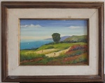 LUIZ VEIGA-" Paisagem com figuras",O.S.T.,assinado no canto inferior direito e no verso e datado de 1986.Med.30x42cm
