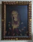 Quadro Icone cusquenho de Nossa Senhora, moldura dourada de época. Med. 54cm x 70 sem a moldura e 65cm x 84cm com a moldura