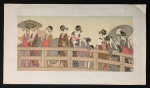 Litogravura - Arte Oriental  Japonesa - Kitagawa Utamaro (1800)  Aproveitando a brisa fresca da noite sobre e sob a ponte.Título: "Aproveitando o frescor na Ponte Ryogoku" () por Utamaro Kitagawa.Artista: Utamaro Kitagawa (1753-1819), um mestre do estilo Ukiyoe que fundou sua própria escola.Obra: Considerada uma de suas obras mais representativas, conhecida também como "Beleza na Ponte". Esta versão específica retrata a cena sob a ponte.Estilo: Destaca-se pela clareza das cores, toque suave e delicado, e habilidade na impressão.