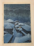 KAWASE HASUI, JAPONÊS 1883-1957, TEMPESTADE DE NEVE EM HATAORI, SHIOBARA, 1946, Xilogravura em cores, Oban tate-e: 10 1/2 x 15,2 pol. (26,7 x 38,6 cm)