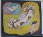 ROGÉRIO S. (1976) - Pintura à Óleo eucatex "Figuras Fantásticas" OSE 79x79cm. Com moldura