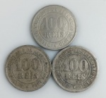 LOTE CONTENDO 3 MOEDAS DE 100 REIS - IMPERIO -  ANOS 1871, 1882, 1885 - CUPRONIQUEL - 10 GRAMAS - 27 MM - MBC - NO ESTADO CONFORME FOTOS
