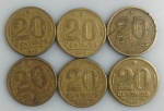 LOTE CONTENDO 6 MOEDAS DE 20 CENTAVOS - ANOS 1943, 44 (2), 47, 48 E 53 - BRONZE-ALUMINIO - 4 GRAMAS - 19 MM - MBC - NO ESTADO CONFORME FOTOS