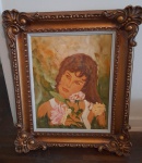 PINTURA OLEO SOBRE TELA MULHER COM FLORES EM LINDA MOLDURA - PINTOR NAO IDENTIFICADO - NO ESTADO CONFORME FOTO