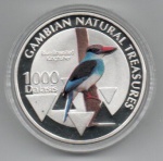 MOEDA GAMBIA - 1000 DALASIS 2015 - COBRE REVESTIDO DE PRATA - 28 GRAMAS - 40MM - FC - TESOUROS NATURAIS DA GAMBIA - MARTIN PESCADOR DE PEITO AZUL - REPLICA EM PERFEITO ESTADO CONFORME FOTOS