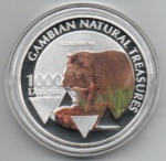 MOEDA GAMBIA - 1000 DALASIS 2015 - COBRE REVESTIDO DE PRATA - 28 GRAMAS - 40MM - FC - TESOUROS NATURAIS DA GAMBIA - HIPOPOTAMO - REPLICA EM PERFEITO ESTADO CONFORME FOTOS