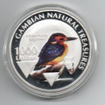 MOEDA GAMBIA - 1000 DALASIS 2015 - COBRE REVESTIDO DE PRATA - 28 GRAMAS - 40MM - FC - TESOUROS NATURAIS DA GAMBIA - MARTIN PESCADOR PIGMEU - REPLICA EM PERFEITO ESTADO CONFORME FOTOS