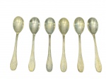 METAL PRATEADO, seis (6) colheres para sobremesa confeccionadas em metal espessurado a prata da manufatura EBERLE, cabo cinzelado por caneluras e finalizado por flor.