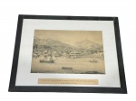 QUADRO, uma (1) gravura, vista panorâmica histórica da cidade do Rio de Janeiro, intitulada Vista da Cidade de S. Sebastião do Rio de Janeiro, tirada da Ilha das Cobras, apresentando casario colonial, relevo montanhoso ao fundo e embarcações à vela na Baía, composição típica do período imperial. Gravura em monocromia / sépia, montada em passe-partout e acondicionada em moldura de madeira com acabamento em tom escuro, medindo 32x40cm.