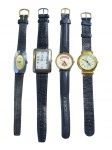 RELÓGIOS, lote com quatro (4) relógios de pulso de modelos, tamanhos, decorações e materiais distintos, sendo 2 em metal preateado e 2 em metal dourado, vendidos no estado, sem garantia de funcionamento ou autenticidade, maior caixa medindo 4,5x3cm e menor 3cm.