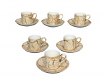 PORCELANAS, seis (6) xícaras para cafézinho com seus respectivos pires confeccionadas em porcelana branca com pintura acidada na tonalidade marrom, medindo 4x6x4cm.
