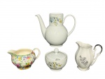 PORCELANAS e FAIANÇA, lote com quatro (4) peças, sendo: A) SRS, 1 bule para café sem tampa confeccionado em porcelana com pintura floral em policromia, medindo 16x19x6,5cm, B) MAUÁ, 1 leiteira confeccionada em porcelana com decoração floral em prata, medindo 11x10x5,5cm, C) SRS, 1 açucareiro confeccionado em porcelana com pintura floral em policromia, medindo 8,5x9,5cm e D) MIDWINTER, 1 leiteira em faiança inglesa com pintura floral em rica policromia, medindo 8x13x7cm.