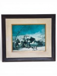 QUADRO, uma (1) reprodução representando cena invernal, com grupo de personagens caminhando sob neve intensa, vestindo trajes pesados, acompanhados por animal de carga e cão, em paisagem rural de clima rigoroso, moldura em madeira escura com paspatur, medindo 55,5x63cm e obra 33x40,5cm.