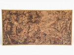 TAPEÇARIA, uma (1) tapeçaria Gobelin representando cena campestre, moldura em madeira com patina dourada, medindo 76,5x147cm.