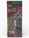 QUADRO, "Cena Urbana", talha em madeira entalhada a mão com pintura policromada, medindo 76x31cm.