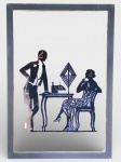 QUADRO, uma (1) obra decorativa em estilo Art Déco, apresentando composição figurativa em silhuetas, com duas personagens em ambiente doméstico, mesa e objetos geométricos, executada em contraste monocromático, de forte impacto gráfico, cena remete ao design e estética das décadas de 1920/1930, com linhas elegantes, formas estilizadas e atmosfera urbana sofisticada, característica do movimento Art Déco, moldura em madeira com pintura na tonalidade preta, medindo 32x22cm.