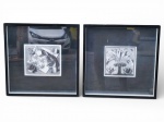 QUADROS, duas (2) gravuras decorativas em preto e branco, apresentando composições distintas, sendo: A) uma (1) gravura com natureza-morta, incluindo livros, objetos e elementos geométricos e B) uma (1) gravura de temática botânica, com representação estilizada de planta ornamental, ambas com moldura em madeira pintada na tonalidade preta, medindo 40x40,5cm.