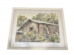QUADRO, uma (1) pintura em técnica de aquarela, representando paisagem rural com construção simples em meio à vegetação, moldura em madeira com patina branca e frente em vidro, medindo  38x47,5cm e pintura 27x36,5cm.