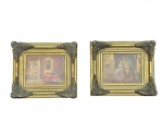 QUADROS, duas (2) reproduções pictóricas com cenas de interiores e figuras em ambientação tradicional com molduras em madeira ricamente trabalhadas, acabamento em douração e aplicações em relevo nos cantos, medindo 12,5x14,5cm.