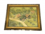 QUADRO, uma (1) reprodução representando paisagem rural com casarios, frente envidraçada e moldura em madeira com patina dourada e entalhes vegetalistas, apresentando falhas na patina, medindo 39x49cm.