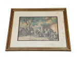 QUADRO, uma (1) gravura colorida, representando cena de época com personagens em ambiente rural, incluindo figuras humanas em interação social sob árvores e junto a edificação, em composição de caráter histórico. Apresenta moldura em madeira com acabamento em tom esverdeado, frente em vidro, marcas do tempo interna, medindo 37x47cm.