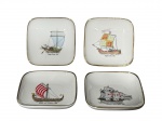 PORCELANA CONDESSA, quatro (4) petisqueiras quadradas confeccionadas em porcelana na tonalidade branca  decorados no centro com ilustrações históricas de embarcações e respectivas legendas: Ganges Dingi  1200, English Ship  1300, William the Conqueror  1066 e Columbus Santa Maria  1492 em policromia e borda filetada em ouro, medindo 10x10cm.