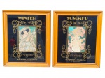 QUADROS, dois (2) quadros com fundo em vidro preto, apresentando composições de estética Art Nouveau, intituladas Winter e Summer, com figuras femininas alegóricas representando as estações do ano. As imagens são inspiradas em ilustrações clássicas do início do século XX, com molduras ornamentais douradas e tipografia decorativa, acompanhadas da inscrição A Forecast of Winter Fashions and Millinery e A Forecast of Summer Fashions and Millinery. Peças emolduradas em madeira, com acabamento envernizado, medindo 42x35cm.