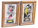 QUADROS, dois (2) quadros com fundo em espelhado apresentando composições de estética Art Nouveau, com figuras femininas estilizadas representando as estações Hiver (Inverno) e Été (Verão). As imagens, inspiradas em ilustrações clássicas do início do século XX, são aplicadas sobre fundo espelhado, proporcionando profundidade visual e efeito decorativo diferenciado. Peças emolduradas em madeira, medindo 31x21cm;