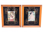 QUADROS, dois (2) quadros com fundo em vidro preto, apresentando composições de estética Art Nouveau, com figuras femininas alegóricas representando as estações Autumn (Outono) e Spring (Primavera). As imagens, inspiradas em ilustrações clássicas do início do século XX, são aplicadas sobre fundo em vidro preto espelhado, com rica ornamentação gráfica em dourado, conferindo profundidade visual e forte apelo decorativo. Peças emolduradas em madeira, com acabamento envernizado, medindo 42x35cm.