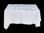 CAMA, MESA & BANHO, uma (1) toalha de mesa em tecido branco e dez (10) guardanapos, confeccionados em tecido na tonalidade bege, apresentando padronagem discreta em relevo por toda a superfície. Conjunto de visual clássico e neutro, toalha medindo 204x154cm e guardanapos 42x42cm, leves manchas de guardado.