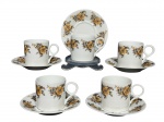 PORCELANAS, cinco (5) xícaras para café com seus respectivos pires confeccionadas em porcelana na tonalidade branca com pintura de flores e folhagens em policromia, medindo 5x7,5x5,5cm.
