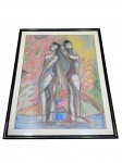 QUADRO, uma (1) pintura sobre papel representando duas figuras humanas estilizadas em pé, de costas uma para a outra, com um fundo abstrato e colorido, similar as obras do artísta Sandro Donatello, moldura em madeira com patina preta, apresentando desgastes, medindo 64x49cm e moldura 74x59cm.