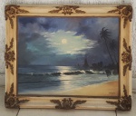 M. Nathalina - "Paisagem de praia" óleo sobre tela emoldurado, assinado. Medida interna 48 cm x 63 cm e total 64 cm x 80 cm.