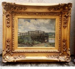 Hughes Stanton (1902-1981) England óleo sobre cartão " Ponte de madeira com figura"  medida interna 23 cm por 31 cm e total emoldurado de época 47 cm por 54 cm pertenceu a coleção Joseph e Ottília Cristescu.