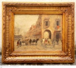 Francesco Di Marino (1892-1954) Italy  óleo sobre chapa de madeira" Cena de mercado com figuras"  medida interna 25 cm por 35 cm e total emoldurado de época 47 cm por 570cm pertenceu a coleção Joseph e Ottília Cristescu.