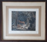 Gravura em metal de época "Puris in ihrer Hulte", impressa no século XIX sobre papel, por M.G. Cichler Jr., realçada por aquarela, a partir do original do príncipe Von Neuwied em sua viagem ao Brasil. Medida interna 25 cm altura por 28,5 cm de comprimento e medida total 48,5 cm de altura por 55 cm de comprimento. Apresenta marcação de borda da chapa de impressão, finalmente emoldurada e em bom estado de conservação.