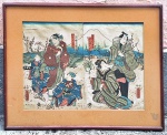 Kunisada Utagawa (1786-1865) duas xilográfias japonesas sobre papel "Ukiyo-e"  cenas do teatro Kabuki, original do século XIX em montagem única do renomado artista medida interna 36 cm por 49 cm e total 51 cm por 65 cm.