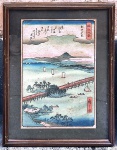 Utagawa Hiroshige (1797-185)  Xilográfia japonesa sobre papel original do século XIX  " Brilho da noite em Seta" do renomado artista  medida interna 34 cm por 23 cm, e total 44 cm por 34 cm.