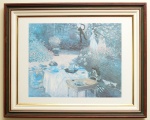 Claude Monet - Gravura de cena de piquenique em moldura com vidro. Medida total: 64 x 80 cm.