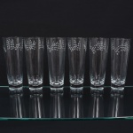 Conjunto de copos para long drink em meio cristal, diáfano e incolor, fotmato cilíndrico alongado, aproximadamente obcônico, gravado com folhagensm outonais, base espessa. Composto de seis(06) unidades. Medidas: Alt.: 19,5 x Diam.: 7,5 cm.