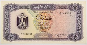 Numismática, LIBYA. Uma Cédula Half Dinar