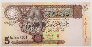 Numismática, LIBYA. Uma Cédula 5 Dinars Flor de Estampa