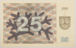 Numismática, LIETUVA. Uma Cédula 25 Talonas 1991 Flor de Estampa