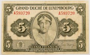 Numismática, LUXEMBOURG. Uma Cédula 5 Francs